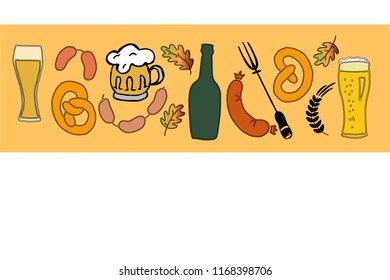 Oktoberfest objects (beer glass, sausage, pretzel, grain, fork, autumn oak leaves) on orange-white background. Vector illustration for logo, banner, card, poster, invitation.