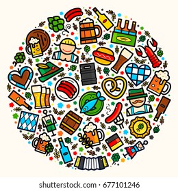 Oktoberfest objects set, German Beer Festival vector illustration in round composition in modern line art style, beautiful print on t-shirt