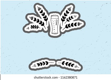 Oktoberfest objects. Vector illustration of  Beer Festival design on blue textured background with gray shadow. Blue, white lettering typography for logo, poster, card, postcard. Beer glass and grain.