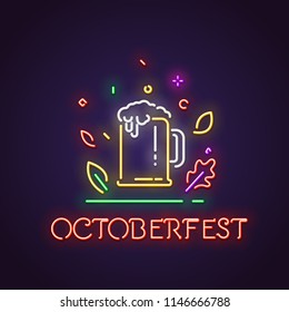 Oktoberfest or octoberfest festival. Glowing neon sign of big glass with fresh yellow live beer and white foam. Bar letters glowing in retro colors. Beer festival or bar concept. 