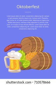 Oktoberfest or Octoberfest poster vector illustration of wooden casks, beer mug, fried sausage, green hop and wheat ear on blue background,