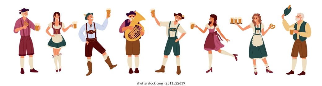 Participantes do Oktoberfest. Personagens engraçados do festival. Pessoas vestidas com roupas da Baviera. Feriado alemão da cerveja. Dançando homem. Mulher com cervejas. Celebração de outubro