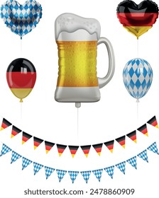 oktoberfest party balloons and pennants. german beer festival party elements. iaolated helium balloons with bavarian and german flag colors and beer mug shaped balloon