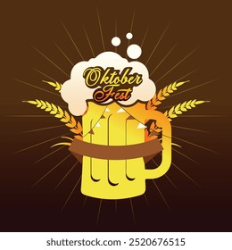 Ilustración de Anuncio de fiesta Oktoberfest con cerveza fresca Lager y oreja de Barleys sobre fondo amarillo oscuro. Plantilla de folleto de celebración de Vector con tipografía para el tradicional festival de cerveza alemán.