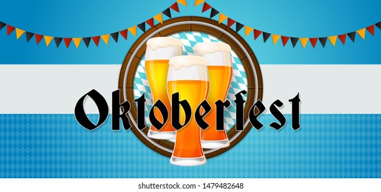 Oktoberfest party banner poster design. Set of beer glass with barrel background and bavaria germany flag ornament vector illustration