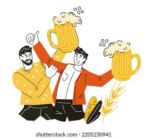 Oktoberfest party and beer festival, Bavarian brewing holiday signboard or label design with two friends drink beer, doodle cartoon vector illustration isolated on white background.