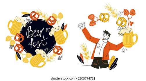 Oktoberfest party and beer festival, Bavarian brewing holiday signboard or label designs set for invitation poster and card, emblem, vector illustration in flat style isolated on white background.