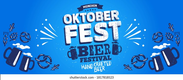 Oktoberfest party. Beer Festivale. Bavarian holiday. Handwritten typography header, signboard, greeting, invitation poster, card. Beer October festival celebration in Germany. Folk Bavarian festive.