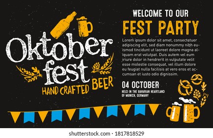 Oktoberfest party. Beer Festivale. Bavarian holiday. Handwritten typography header, signboard, greeting, invitation poster, card. Beer October festival celebration in Germany. Folk Bavarian festive.