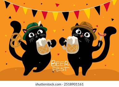 Oktoberfest Party Celebration with black cats dance. Beer Fest Concept, Flat Vector Illustration. Flyer, card, poster.