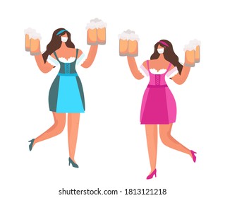 Oktoberfest Party Celebration during Coronavirus Quarantine.Women in Medical Mask Holding Beer Mugs during Covid 19.Girls in German Traditional Clothes.Flat Vector Illustration 