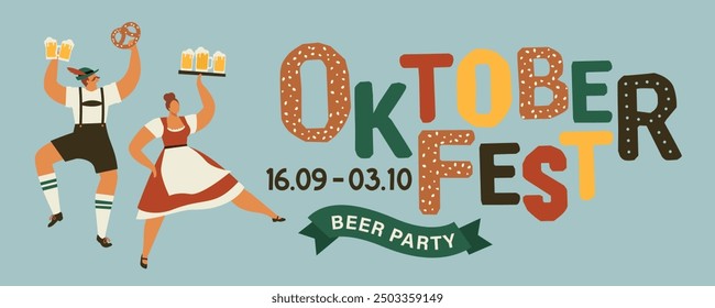 Oktoberfest Party Celebration. Man And Woman Wearing Traditional Clothes couple dance with mugs of beer. Fest Concept Flat Vector Illustration. Flyer, card, banner.