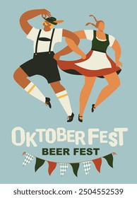 Oktoberfest Party Celebration. Man And Woman Wearing Traditional Clothes couple dance. Fest Concept Flat Vector Illustration. Flyer, card, poster.