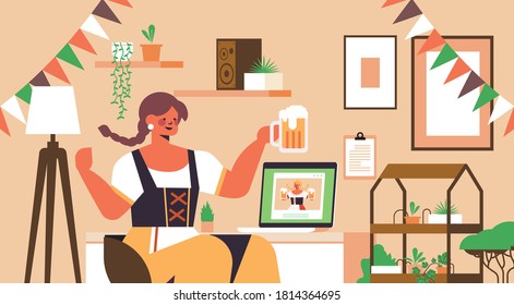 Oktoberfest party celebration woman drinking beer discussing with friend on laptop screen during video call living room interior horizontal portrait vector illustration