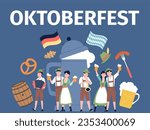 Oktoberfest party concept. German cartoon people dance in bavarian traditional costume. Munich festival, brewery elements recent vector scene