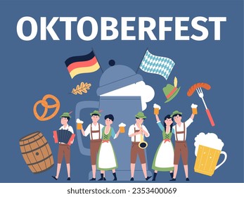 Oktoberfest party concept. German cartoon people dance in bavarian traditional costume. Munich festival, brewery elements recent vector scene