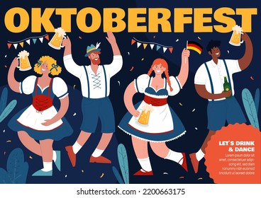 Oktoberfest party. Different people in national German costumes drink beer and have fun. Vector hand drawn flat illustration. Horizontal poster with space for text.