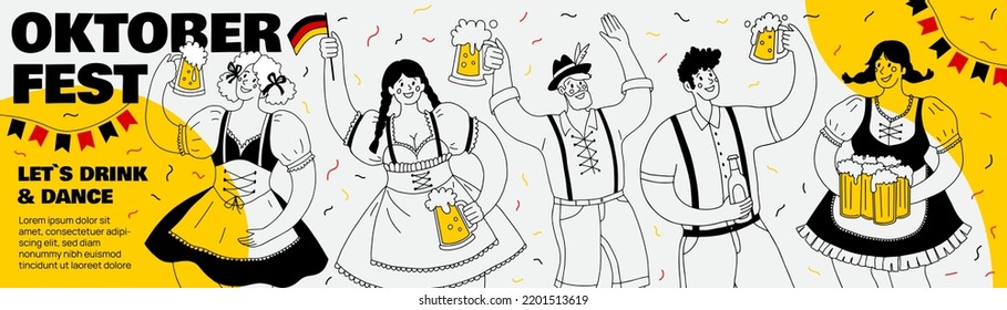 Oktoberfest party. Different people in national German costumes drink beer and have fun. Vector hand drawn illustration. Long horizontal banner with space for text.