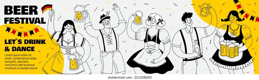 Oktoberfest party. Different people in national German costumes drink beer and have fun. Vector hand drawn illustration. Long horizontal banner with space for text.