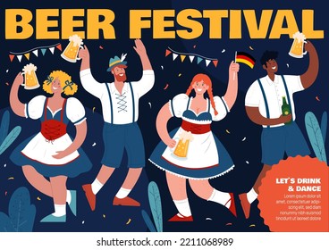 Oktoberfest party. Different people in national German costumes drink beer and have fun. Vector hand drawn flat illustration. Horizontal poster with space for text.