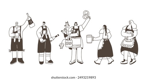 Oktoberfest party doodle characters. Beer festive people kit. Vector collection illustration isolated on white background.