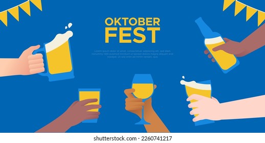 Plantilla de ilustraciones del evento Oktoberfest de amigos bebiendo cerveza y bebida de vino juntos. Diversas personas toman de la mano un vaso para la invitación a la celebración alemana o el fondo de la web.