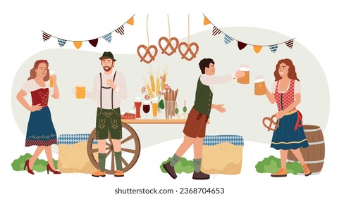 Oktoberfest party flat background with funny cartoon characters in bavarian folk costumes celebrating event vector illustration