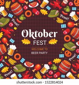 Oktoberfest party flat color vector banner template. German holiday celebration poster design. Beer festival invitation card concept with typography. Alcohol drink and sausages cartoon illustrations