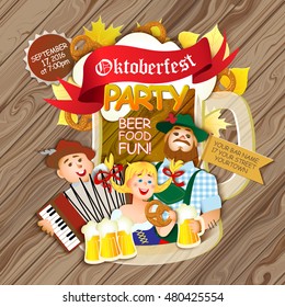 Oktoberfest party flyer. Girl and two men with beer. Vector flat cartoon illustration