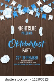 Oktoberfest party flyer invite. Vector illustration with realistic garlands and paper objects hanging on background of wooden texture. Invitation to nightclub.