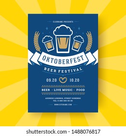 Oktoberfest party flyer or poster retro typography template design willkommen zum invitation beer festival celebration vector illustration. Beer mug symbol with decoration.