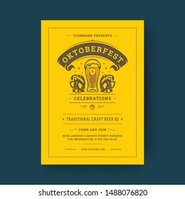 Oktoberfest party flyer or poster retro typography template design willkommen zum invitation beer festival celebration vector illustration. Beer mug symbol with decoration.