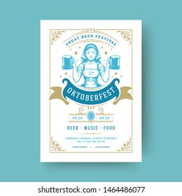 Oktoberfest party flyer or poster vintage typography template design willkommen zum invitation beer festival celebration vector illustration. Young german woman holding beer symbol.