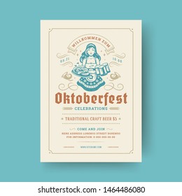 Oktoberfest party flyer or poster vintage typography template design willkommen zum invitation beer festival celebration vector illustration. Young german woman holding beer symbol.