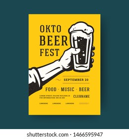 Oktoberfest party flyer or poster vintage typography template design invitation beer festival celebration vector illustration. Hand holding beer mug symbol.