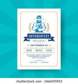 Oktoberfest party flyer or poster vintage typography template design invitation beer festival celebration vector illustration. German man holding beer mug symbol.