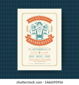 Oktoberfest party flyer or poster vintage typography template design invitation beer festival celebration vector illustration. Germany man holding beer mug symbol.