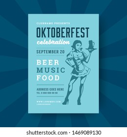 Oktoberfest party flyer or poster vintage typography template design willkommen zum invitation beer festival celebration vector illustration. Young german oktoberfest girl holding beer symbol.