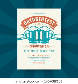 Oktoberfest party flyer or poster vintage typography template design invitation beer festival celebration vector illustration. Hand holding beer mug symbol.