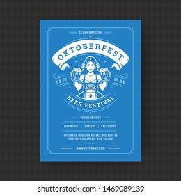 Oktoberfest party flyer or poster vintage typography template design willkommen zum invitation beer festival celebration vector illustration. Young german oktoberfest girl holding beer symbol.