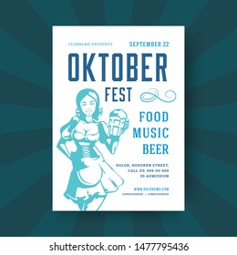 Oktoberfest party flyer or poster vintage typography template design willkommen zum invitation beer festival celebration vector illustration. Young german oktoberfest girl holding beer symbol.