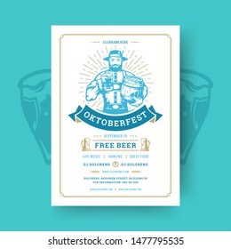 Oktoberfest party flyer or poster vintage typography template design invitation beer festival celebration vector illustration. Germany oktoberfest man holding beer mug symbol.