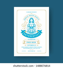 Oktoberfest party flyer or poster vintage typography template design willkommen zum invitation beer festival celebration vector illustration. Young german oktoberfest girl holding beer symbol.