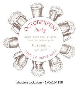 oktoberfest party flyer in vintage engraved style. vector beer label template. Beer background round composition. pub banner template. frame with various beer glasses with foam and text place on white