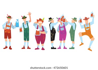 Oktoberfest Party. Funny People Character Wearing Lederhosen Traditional Bavarian Folk Clothes Standing Together On White. Beer Drink Oktoberfest Party Festival Celebration Vector Illustration
