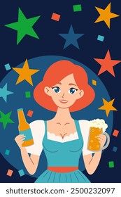 Oktoberfest party. girl in national costume holds a beer. vector