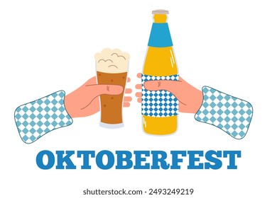 Oktoberfest party. Hands holding beer glasses. Vector