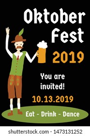 Oktoberfest party invitation flyer design template. Vector illustration. Beer festival party poster. With man in traditional Oktoberfest Lederhosen wear holding a beer glass