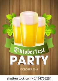 Oktoberfest party lettering with beer glasses. Festive banner design with beer glasses, foam, spikes, leaves on light wooden background. Can be used for invitations, advertising, announcements