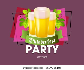 Oktoberfest Partybeschriftung mit Biergläsern. Festliches Banner-Design mit Biergläsern, Schaum, Stacheln, Blättern auf abstraktem Hintergrund. Kann für Einladungen, Werbung, Bekanntmachungen verwendet werden